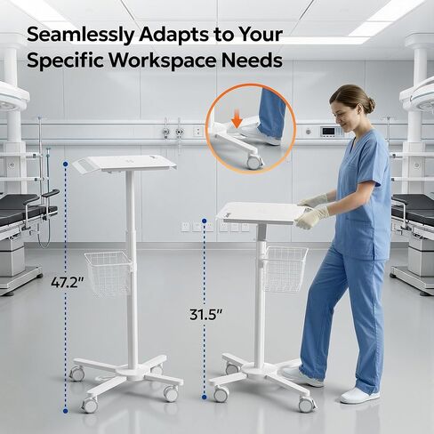 Lightweight Medical Carts with Wheels, Pneumatic Height Adjustable Laptop Cart with Scanner Holder & Storage Basket, Rolling Lab Utility Cart for Nurse Station, Dental Clinic, Salon, Office in Saudi Arabia