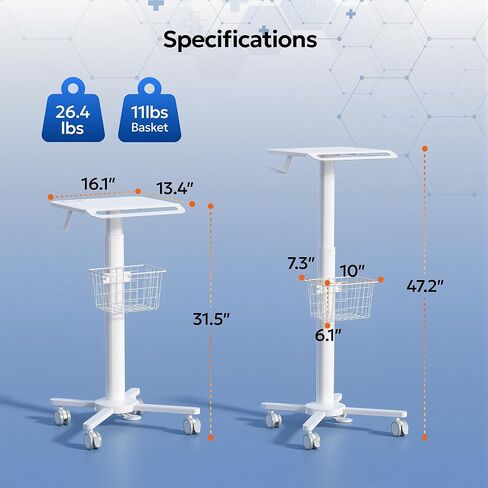 Lightweight Medical Carts with Wheels, Pneumatic Height Adjustable Laptop Cart with Scanner Holder & Storage Basket, Rolling Lab Utility Cart for Nurse Station, Dental Clinic, Salon, Office in Saudi Arabia