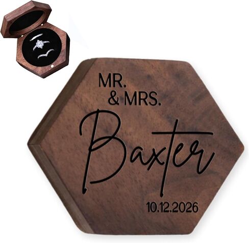 Personalized Wedding Ring Box. Walnut Wood Ring Box for Proposal, Engagement, Wedding. Ring Bearer Box. Engraved Hex Ring Box (Design 10) in Kuwait