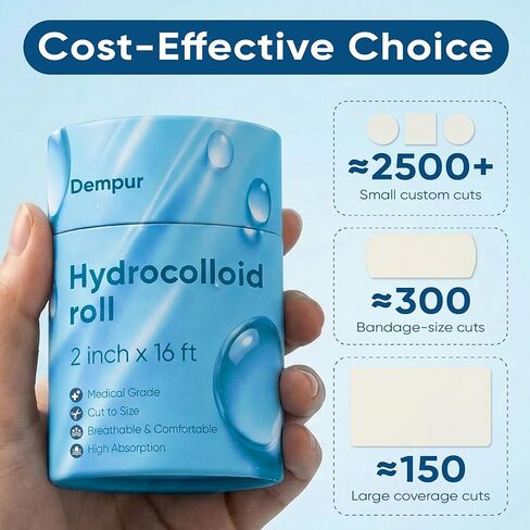 لفة غرواني مائي من الدرجة الطبية للعناية بالجروح، 2 بوصة × 16.4 قدم، ضمادات غرواني مائي مقاومة للماء ولفائف تصحيح البثور، رقع بحجم مناسب لحب الشباب والبثور والحروق والجروح الطفيفة in Kuwait