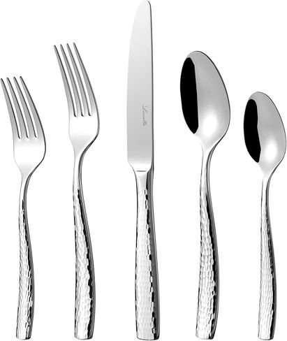 Luciella Ponza Flatware Set for 8, 45-Piece Stainless Steel Silverware Set with Serving Utensils, Timeless Hammered Design, Rust-Resistant, Mirror Polished & Dishwasher Safe in Kuwait