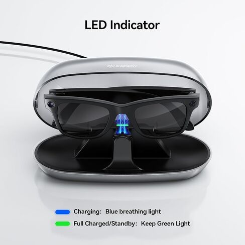 NEWDERY Charger for Ray-Ban Meta Smart Glasses, Portable Charging Dock with Dust Cover & LED Indicator, Fast Charging Compatible with Wayfarer, Skyler, Headliner - Silver in Saudi Arabia