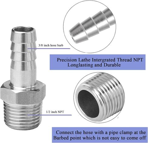 تركيبات خرطوم شائك من الفولاذ المقاوم للصدأ، 3/8 بوصة خرطوم بارب إلى 1/2 بوصة ذكر NPT تركيب مشروب منزلي هواء وقود مائي، in Kuwait
