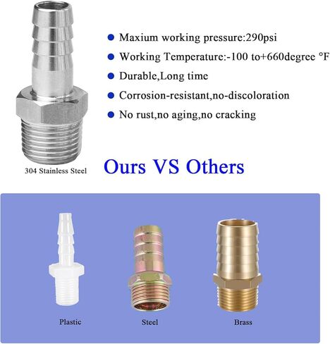 تركيبات خرطوم شائك من الفولاذ المقاوم للصدأ، 3/8 بوصة خرطوم بارب إلى 1/2 بوصة ذكر NPT تركيب مشروب منزلي هواء وقود مائي، in Kuwait