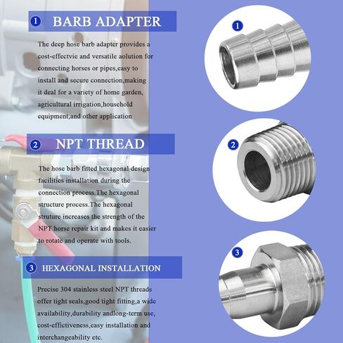 تركيبات خرطوم شائك من الفولاذ المقاوم للصدأ، 3/8 بوصة خرطوم بارب إلى 1/2 بوصة ذكر NPT تركيب مشروب منزلي هواء وقود مائي، in Kuwait