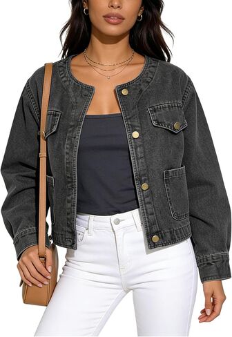 Omoone Women's Denim Jacket Long Sleeve Crop Button Down Collarless Jean Coat with Pocket in Kuwait