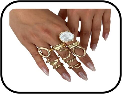 Chunky Gold/Silver Rings Set for Women Vintage Baroque Pearl Stackable Knuckle Rings Statement Irregularity liquid State Adjustable Rings Set Simple Fashion Jewellery in Kuwait