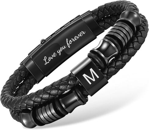 Initial Braided Leather Bracelets for Men - Double-Row Braided Mens Leather Bracelet Adjustable Wristband Initial Bracelet with Stainless Steel Clasp Unique Jewelry Gifts for Husband Dad Friend Son in Kuwait