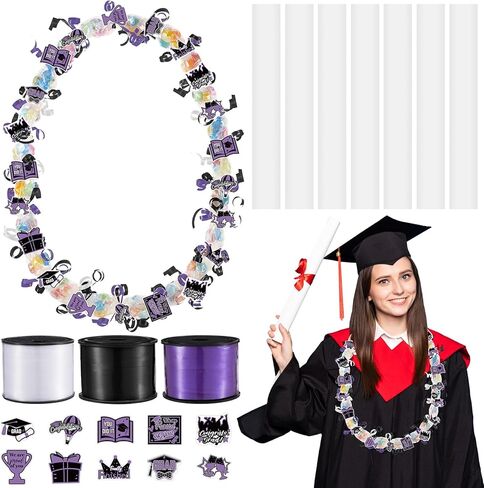 Teling 60 Set Graduation Candy Lei Making Kit Hawaiian Candy Lei Tubing Kit Includes 60 Pcs Candy Lei Bags 2 Rolls Ribbons 600 Pcs Paper Cut for Graduation Party Gift(Dark Blue, Gold) in Saudi Arabia
