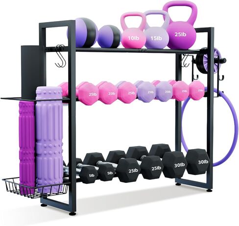 3-Tier Dumbbell Rack with 882 LBS Capacity, Multi-Purpose Weight Rack for Home Gym with Shelf and Movable Hooks, Weight Holder and Home Gym Storage Organizer for Dumbells Kettlebells Yoga Mat in Kuwait