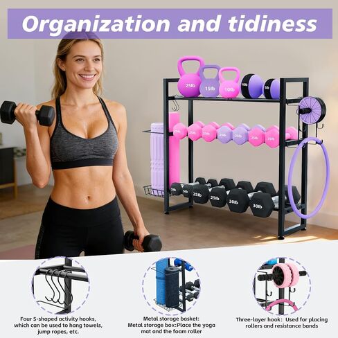 3-Tier Dumbbell Rack with 882 LBS Capacity, Multi-Purpose Weight Rack for Home Gym with Shelf and Movable Hooks, Weight Holder and Home Gym Storage Organizer for Dumbells Kettlebells Yoga Mat in Kuwait