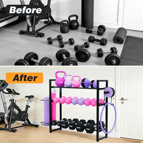 3-Tier Dumbbell Rack with 882 LBS Capacity, Multi-Purpose Weight Rack for Home Gym with Shelf and Movable Hooks, Weight Holder and Home Gym Storage Organizer for Dumbells Kettlebells Yoga Mat in Kuwait
