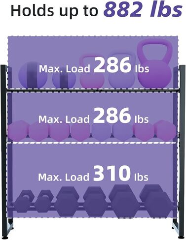 3-Tier Dumbbell Rack with 882 LBS Capacity, Multi-Purpose Weight Rack for Home Gym with Shelf and Movable Hooks, Weight Holder and Home Gym Storage Organizer for Dumbells Kettlebells Yoga Mat in Kuwait