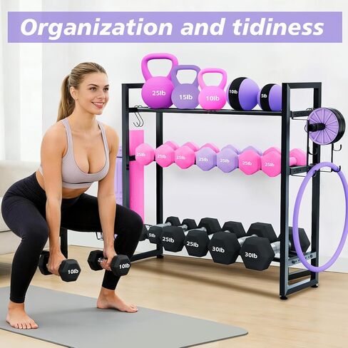 3-Tier Dumbbell Rack with 882 LBS Capacity, Multi-Purpose Weight Rack for Home Gym with Shelf and Movable Hooks, Weight Holder and Home Gym Storage Organizer for Dumbells Kettlebells Yoga Mat in Kuwait