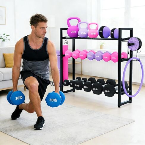 3-Tier Dumbbell Rack with 882 LBS Capacity, Multi-Purpose Weight Rack for Home Gym with Shelf and Movable Hooks, Weight Holder and Home Gym Storage Organizer for Dumbells Kettlebells Yoga Mat in Kuwait