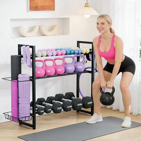 3-Tier Dumbbell Rack with 882 LBS Capacity, Multi-Purpose Weight Rack for Home Gym with Shelf and Movable Hooks, Weight Holder and Home Gym Storage Organizer for Dumbells Kettlebells Yoga Mat in Kuwait