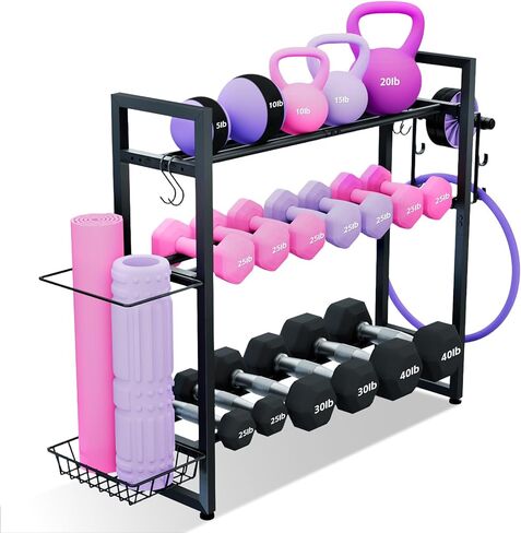 3-Tier Dumbbell Rack with 882 LBS Capacity, Multi-Purpose Weight Rack for Home Gym with Shelf and Movable Hooks, Weight Holder and Home Gym Storage Organizer for Dumbells Kettlebells Yoga Mat in Kuwait