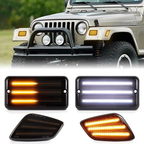 مصابيح إشارة الانعطاف الأمامية LED وأضواء العلامات الجانبية LED لسيارة جيب رانجلر TJ 1997-2006، عدسة مدخنة كهرمان فندر DRL مجموعة مصابيح إيقاف السيارة 4 قطع in Kuwait