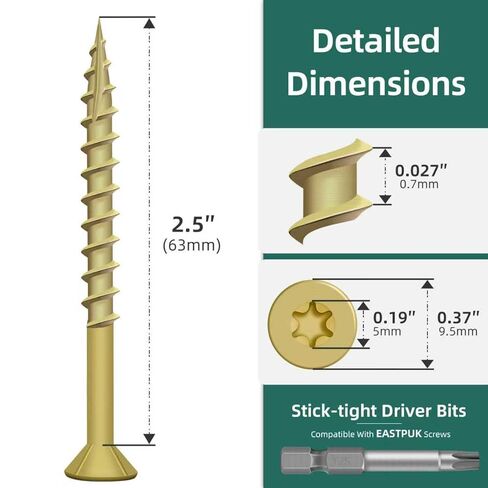Deck Screws 2-1/2 Inch, Wood Screws #10x2-1/2, 62 PCS 1lb, Rust Resistant Exterior Epoxy Coated Outdoor Decking Screws, Torx/Star Drive Head Deck Screw, T25 Star Bit Included, Tan by EASTPUK in Kuwait