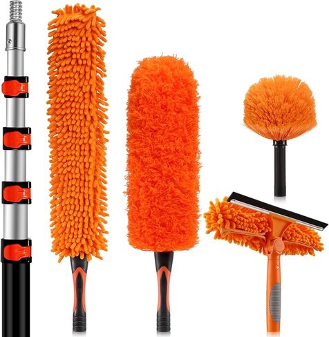26ft High Reach Duster Kit with 5-20ft Heavy-Duty Extra Long Extension Pole, Vaulted Ceiling Cobweb Brush, Washable Ceiling Fan Duster, Microfiber Duster & Window Squeegee for Tall Ceiling in Saudi Arabia