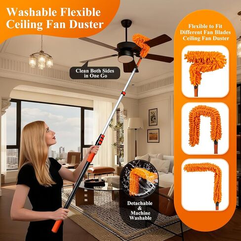 26ft High Reach Duster Kit with 5-20ft Heavy-Duty Extra Long Extension Pole, Vaulted Ceiling Cobweb Brush, Washable Ceiling Fan Duster, Microfiber Duster & Window Squeegee for Tall Ceiling in Saudi Arabia