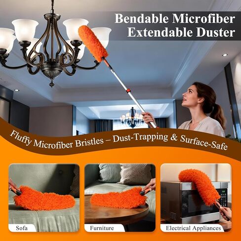 26ft High Reach Duster Kit with 5-20ft Heavy-Duty Extra Long Extension Pole, Vaulted Ceiling Cobweb Brush, Washable Ceiling Fan Duster, Microfiber Duster & Window Squeegee for Tall Ceiling in Saudi Arabia