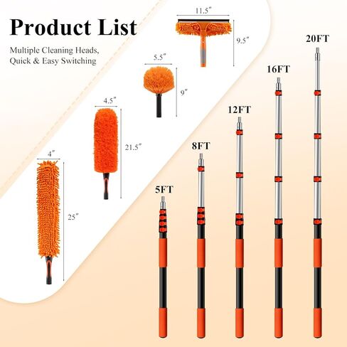 26ft High Reach Duster Kit with 5-20ft Heavy-Duty Extra Long Extension Pole, Vaulted Ceiling Cobweb Brush, Washable Ceiling Fan Duster, Microfiber Duster & Window Squeegee for Tall Ceiling in Saudi Arabia