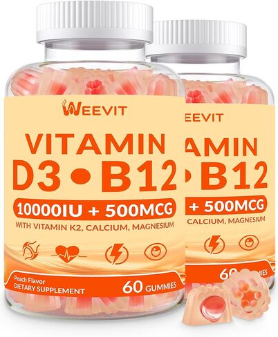 WEEVIT Vitamin D3 B12 Gummies, Vitamin D 10000IU & 500mcg Methyl B12 with Vitamin A, C, K, Calcium, Magnesium, Zinc for Women & Men, Support Eye, Bone, Energy in Kuwait