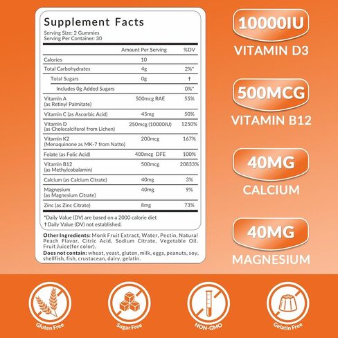WEEVIT Vitamin D3 B12 Gummies, Vitamin D 10000IU & 500mcg Methyl B12 with Vitamin A, C, K, Calcium, Magnesium, Zinc for Women & Men, Support Eye, Bone, Energy in Saudi Arabia