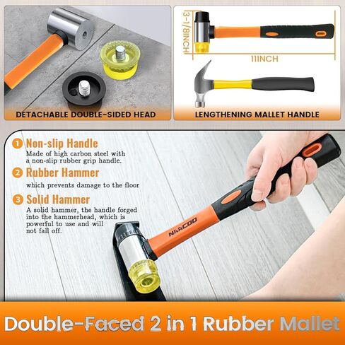 أدوات الأرضيات المصفحة/الفينيل من NAACOO، كتلة التنصت للأرضيات الخشبية من الفينيل - مزدوجة الجوانب مع شقوق، قضيب سحب، 40 قطعة فواصل أرضية، مطرقة مطاطية. مجموعة تركيب الأرضيات العالمية. in Kuwait