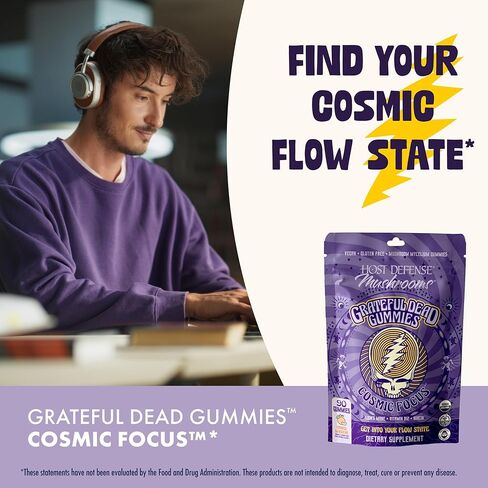 Host Defense Cosmic Focus Grateful Dead Gummies - Mushroom Gummies with Lion’s Mane, B12 & Niacin - Supports Focus, Memory, Brain Function & Mental Energy (30 Servings) in Saudi Arabia