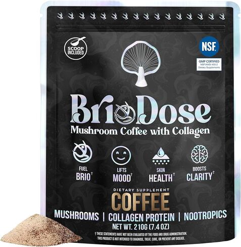 Mushroom Coffee with Grass-Fed Collagen, Lion’s Mane, Chaga, L-Theanine & Amino Acids – 45mg Caffeine for Jitter-Free, Focus, Energy, Immunity & Glowing Skin/Hair – 30 Servings NSF Certified in Saudi Arabia