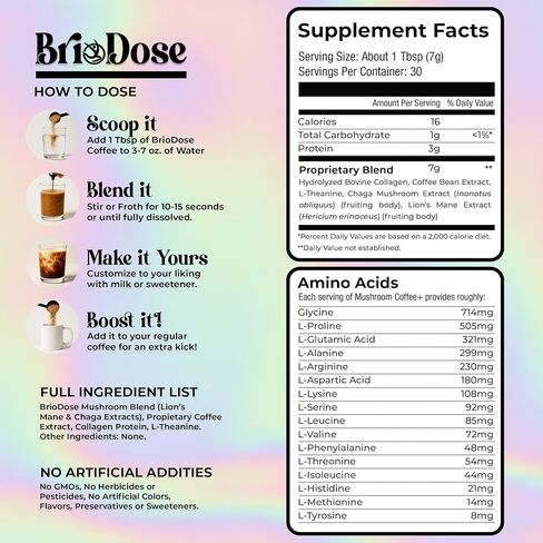 Mushroom Coffee with Grass-Fed Collagen, Lion’s Mane, Chaga, L-Theanine & Amino Acids – 45mg Caffeine for Jitter-Free, Focus, Energy, Immunity & Glowing Skin/Hair – 30 Servings NSF Certified in Saudi Arabia