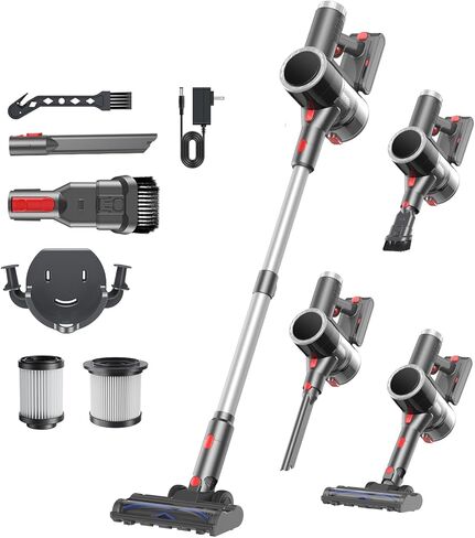 مكنسة كهربائية لاسلكية، مكنسة كهربائية قابلة لإعادة الشحن، بقوة 550 وات 45 كيلو باسكال، مكانس كهربائية خفيفة الوزن للمنزل، مضادة للتشابك، قائمة بذاتها لشعر الحيوانات الأليفة، سجادة أرضية من الخشب الصلب - أسود in Kuwait