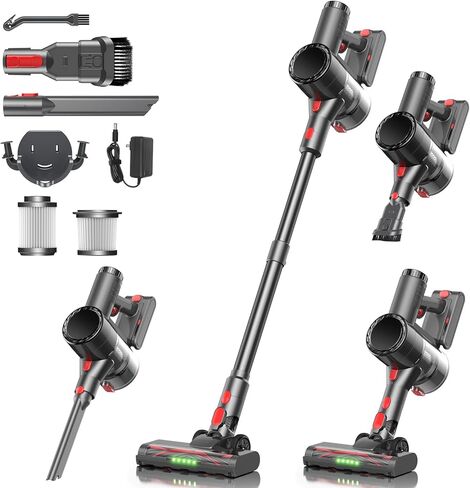 Cordless Vacuum Cleaner, Stick Vacuum Rechargeable, 550W 45KPA Powerful Suction Lightweight Vacuum Cleaners for Home, Anti-Tangle, Self Standing for Pet Hair Hardwood Floor Carpet - Black in Saudi Arabia