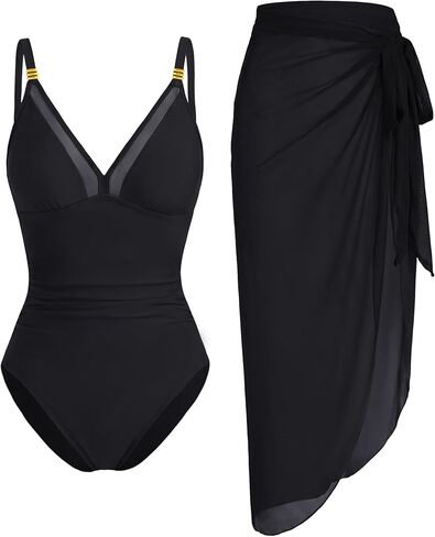 Blooming Jelly Women One Piece Swimsuit Tummy Control Bathing Suit with Cover Up Wrap Skirt Swim Mesh Dress in Saudi Arabia