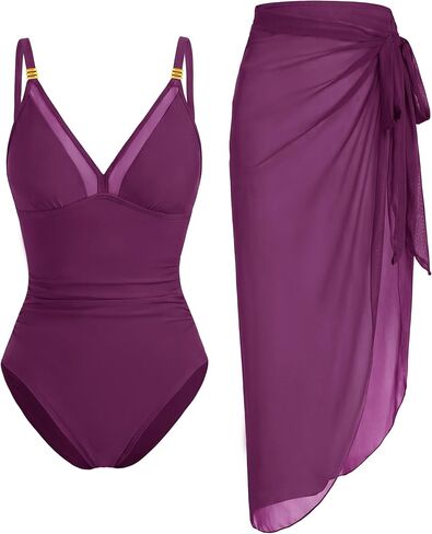 Blooming Jelly Women One Piece Swimsuit Tummy Control Bathing Suit with Cover Up Wrap Skirt Swim Mesh Dress in Saudi Arabia