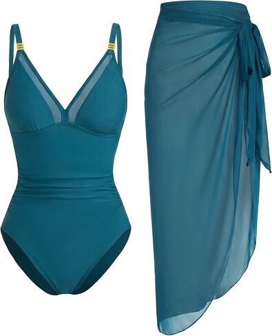 Blooming Jelly Women One Piece Swimsuit Tummy Control Bathing Suit with Cover Up Wrap Skirt Swim Mesh Dress in Saudi Arabia