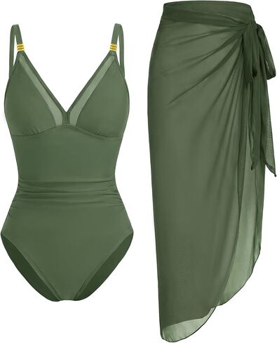 Blooming Jelly Women One Piece Swimsuit Tummy Control Bathing Suit with Cover Up Wrap Skirt Swim Mesh Dress in Saudi Arabia
