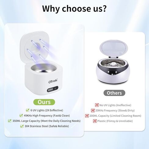 منظف ​​أسنان أوتراكي بالموجات فوق الصوتية، 180 مل، منظف بالموجات فوق الصوتية 49 كيلو هرتز، آلة تنظيف التجنيب مع 6 مصابيح للأشعة فوق البنفسجية و4 أوضاع توقيت رقمي لتنظيف أطقم الأسنان، والمحاذاة، والأقواس، والمجوهرات باللون الأبيض in Kuwait