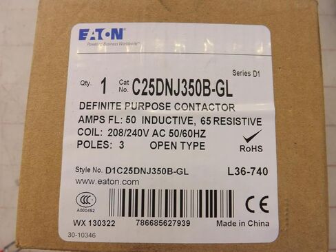 CUTLER HAMMER C25DNJ350B 50 AMP, 3 Pole, 240 VAC Coil, Box LUGS, Definite Purpose CONTACTOR, Open N-R in Saudi Arabia