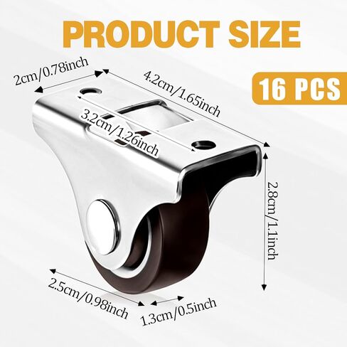 16Pack 1 Inch Mini Rigid Caster Wheels, Low Profile Non-Swivel Fixed Casters with Iron Top Plate & TPR Wheels for Furniture, Trundle Bed, Drawers, Cabinets - Total Load 424 Lbs in Saudi Arabia