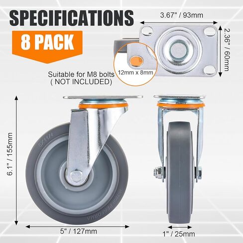 8 Pcs 5 Inch Caster Wheels Replacement Kit Heavy Duty TPR Rubber Silent Casters Includes 4 Swivel & 4 Rigid 5" Casters, Utility Cart Caster for DIY Transporting Trolley in Saudi Arabia