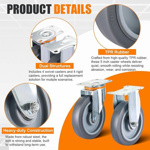8 Pcs 5 Inch Caster Wheels Replacement Kit Heavy Duty TPR Rubber Silent Casters Includes 4 Swivel & 4 Rigid 5" Casters, Utility Cart Caster for DIY Transporting Trolley in Saudi Arabia