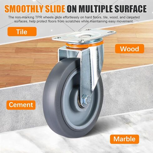 8 Pcs 5 Inch Caster Wheels Replacement Kit Heavy Duty TPR Rubber Silent Casters Includes 4 Swivel & 4 Rigid 5" Casters, Utility Cart Caster for DIY Transporting Trolley in Saudi Arabia