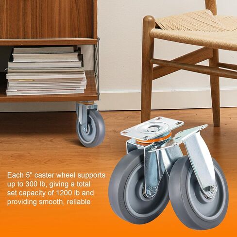 8 Pcs 5 Inch Caster Wheels Replacement Kit Heavy Duty TPR Rubber Silent Casters Includes 4 Swivel & 4 Rigid 5" Casters, Utility Cart Caster for DIY Transporting Trolley in Saudi Arabia