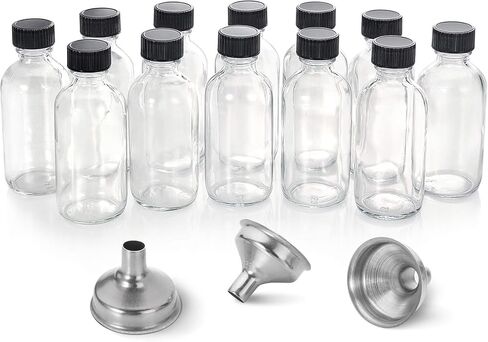 12 Pack 2oz (60ml) Boston Round Clear Glass Bottles – Leak-Resistant Airtight Caps, 3 Stainless Funnels, Protective Grid Packaging, Mini Personal Care & Beauty Travel Bottle in Saudi Arabia
