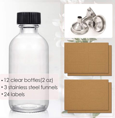 12 Pack 2oz (60ml) Boston Round Clear Glass Bottles – Leak-Resistant Airtight Caps, 3 Stainless Funnels, Protective Grid Packaging, Mini Personal Care & Beauty Travel Bottle in Saudi Arabia