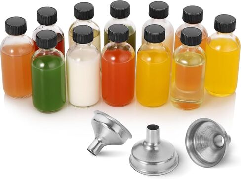 12 Pack 2oz (60ml) Boston Round Clear Glass Bottles – Leak-Resistant Airtight Caps, 3 Stainless Funnels, Protective Grid Packaging, Mini Personal Care & Beauty Travel Bottle in Saudi Arabia