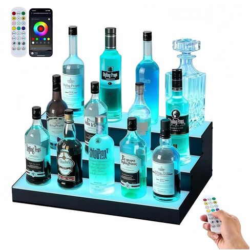 2 Pack Lighted Liquor Bottle Display Shelf – 16" 3-Tier LED Acrylic Bar Shelf with Remote & App Control, 10 Colors, Music Sync & 24H Timer, USB Powered for Home Bar & Party in Saudi Arabia